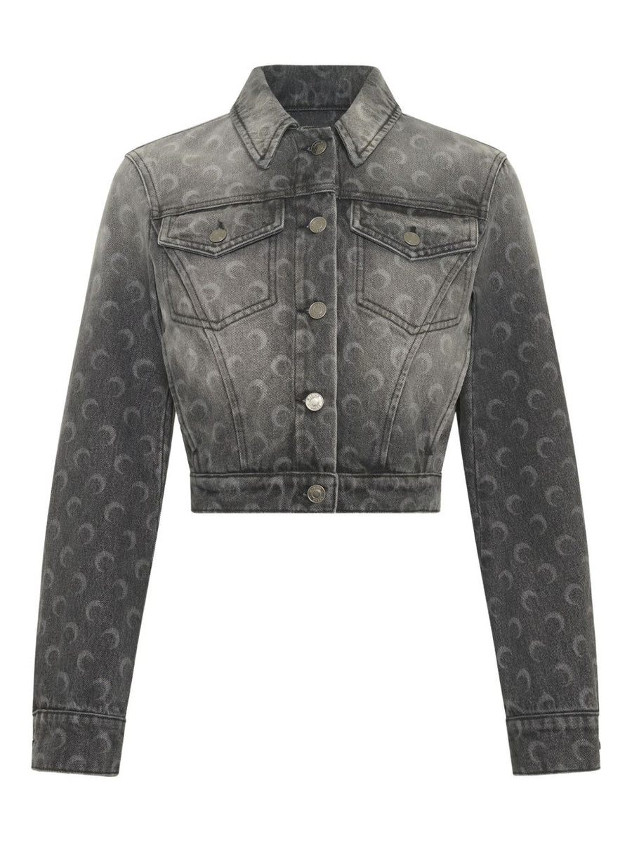 Marine Serre Moon Laser Denim Jacket For Women Dark Grey Moon Pattern 100 Percent Cotton Versatile Wardrobe