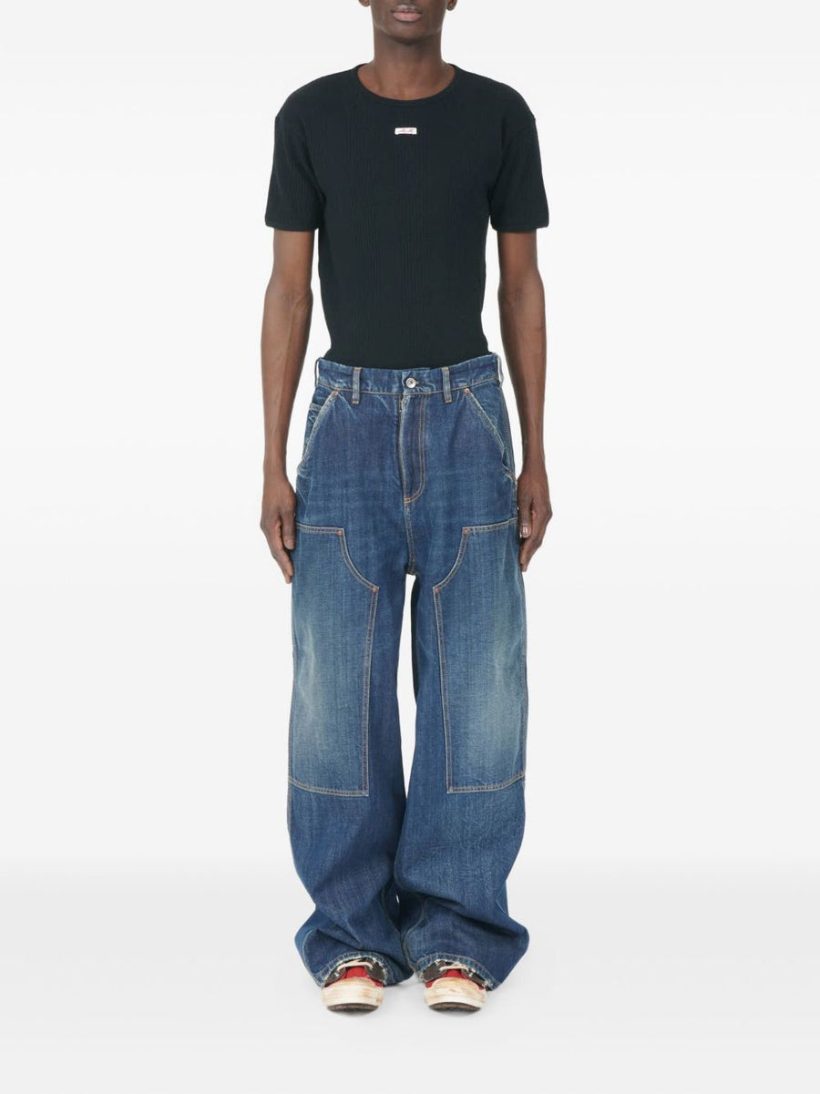 Maison Margiela Navy Wide Leg Denim Jeans For Men With Panelled Design And 100 Percent Cotton