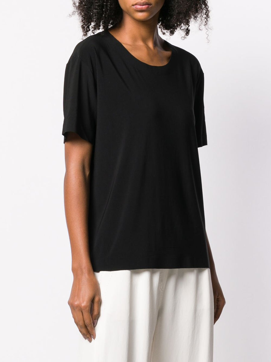 Norma Kamali Black Short Sleeve Scoop Neck Tee For Women Lux Polyester Blend Versatile Wardrobe Staple