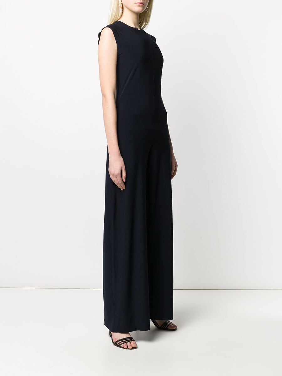 Norma Kamali Sleeveless Navy Jumpsuit With Wide Leg Silhouette For Luxurious Modern Women