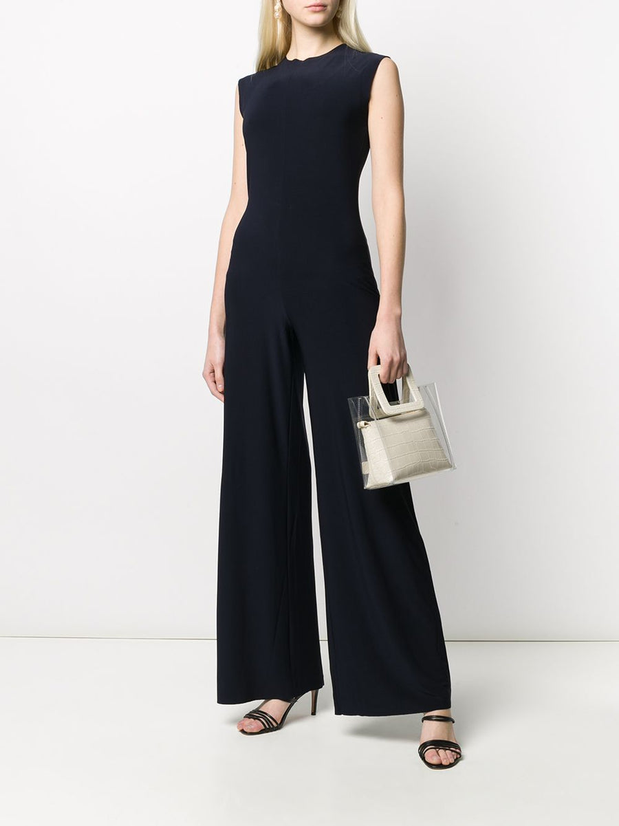 Norma Kamali Sleeveless Navy Jumpsuit With Wide Leg Silhouette For Luxurious Modern Women