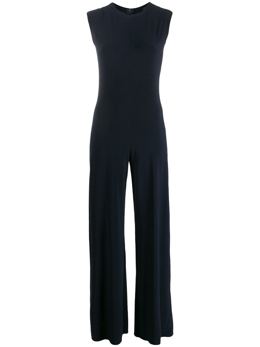 Norma Kamali Sleeveless Navy Jumpsuit With Wide Leg Silhouette For Luxurious Modern Women