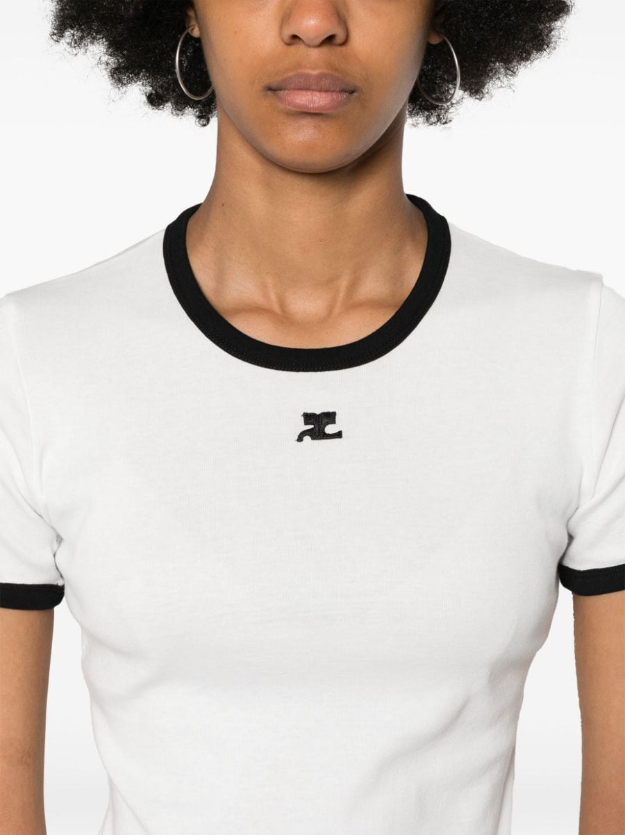 Courreges Pre Logo Cotton T Shirt For Women Minimalist Everyday Wear With Subtle Logo Accent And White Contrasting Trim