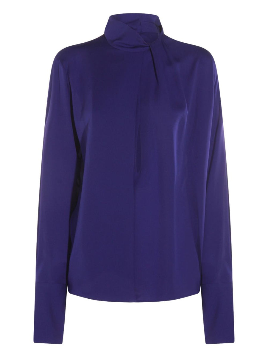 Tom Ford Silk Blouse For Women Luxurious Silk High Neck Draped Clematis Blue Edition Premium