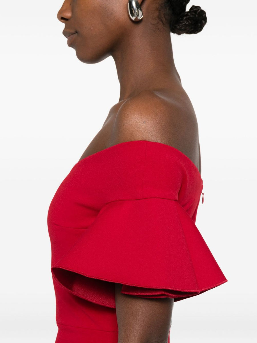 Solace London Cielo Maxi Dress Red Off Shoulder With Ruffles For Women Luxury Resortwear Glamour