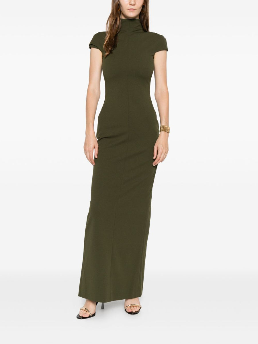 Solace London Lang Maxi Dress Dark Olive High Neck Cap Sleeves Luxurious Day To Evening Women
