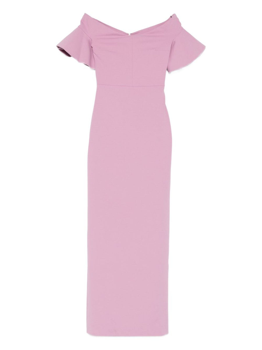 Solace London Cielo Maxi Dress Off Shoulder Blush Pink With Airy Ruffle Sleeves For Women Luxurious Elegant