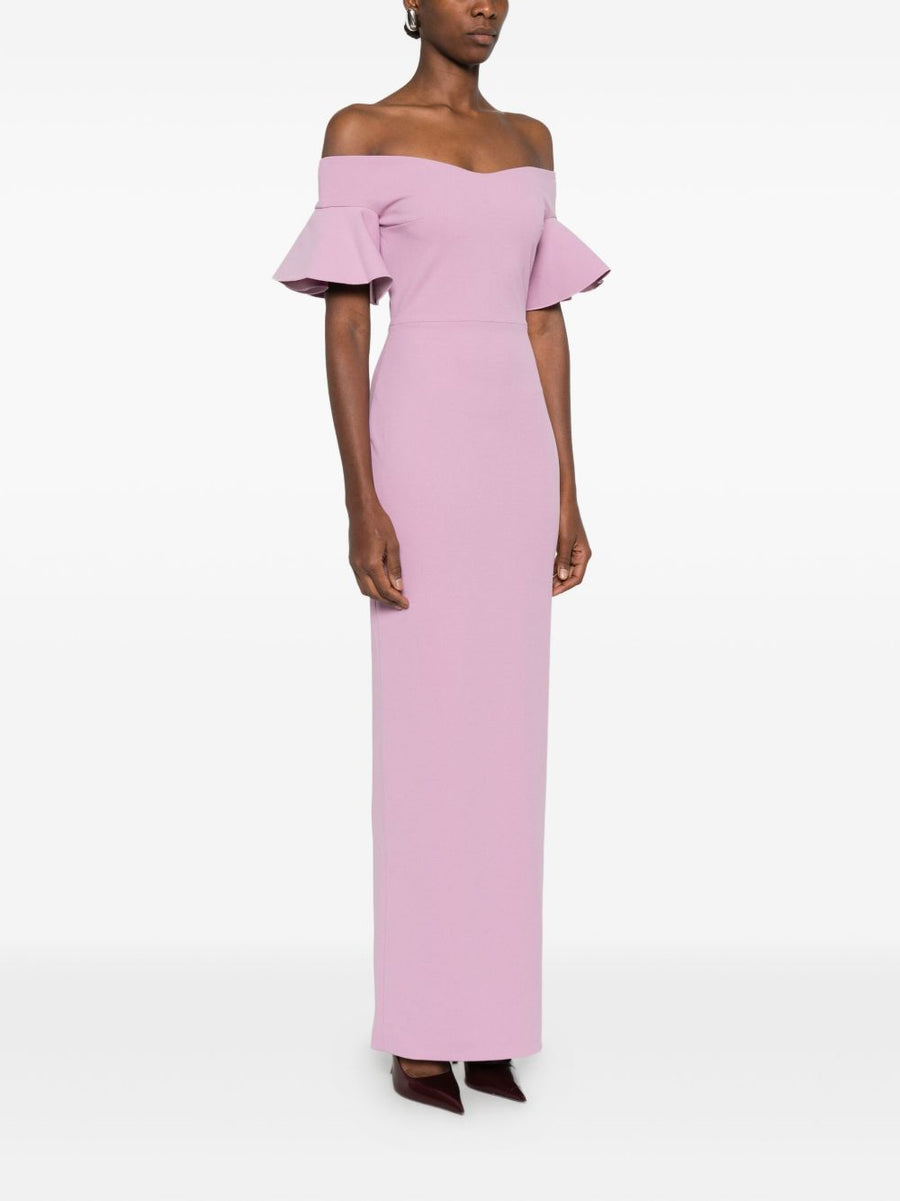 Solace London Cielo Maxi Dress Off Shoulder Blush Pink With Airy Ruffle Sleeves For Women Luxurious Elegant