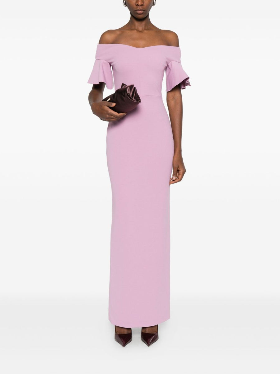 Solace London Cielo Maxi Dress Off Shoulder Blush Pink With Airy Ruffle Sleeves For Women Luxurious Elegant