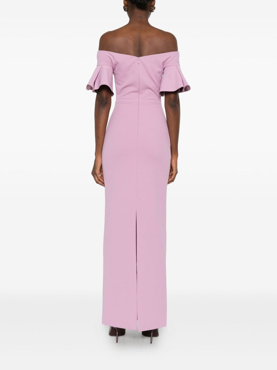 Solace London Cielo Maxi Dress Off Shoulder Blush Pink With Airy Ruffle Sleeves For Women Luxurious Elegant