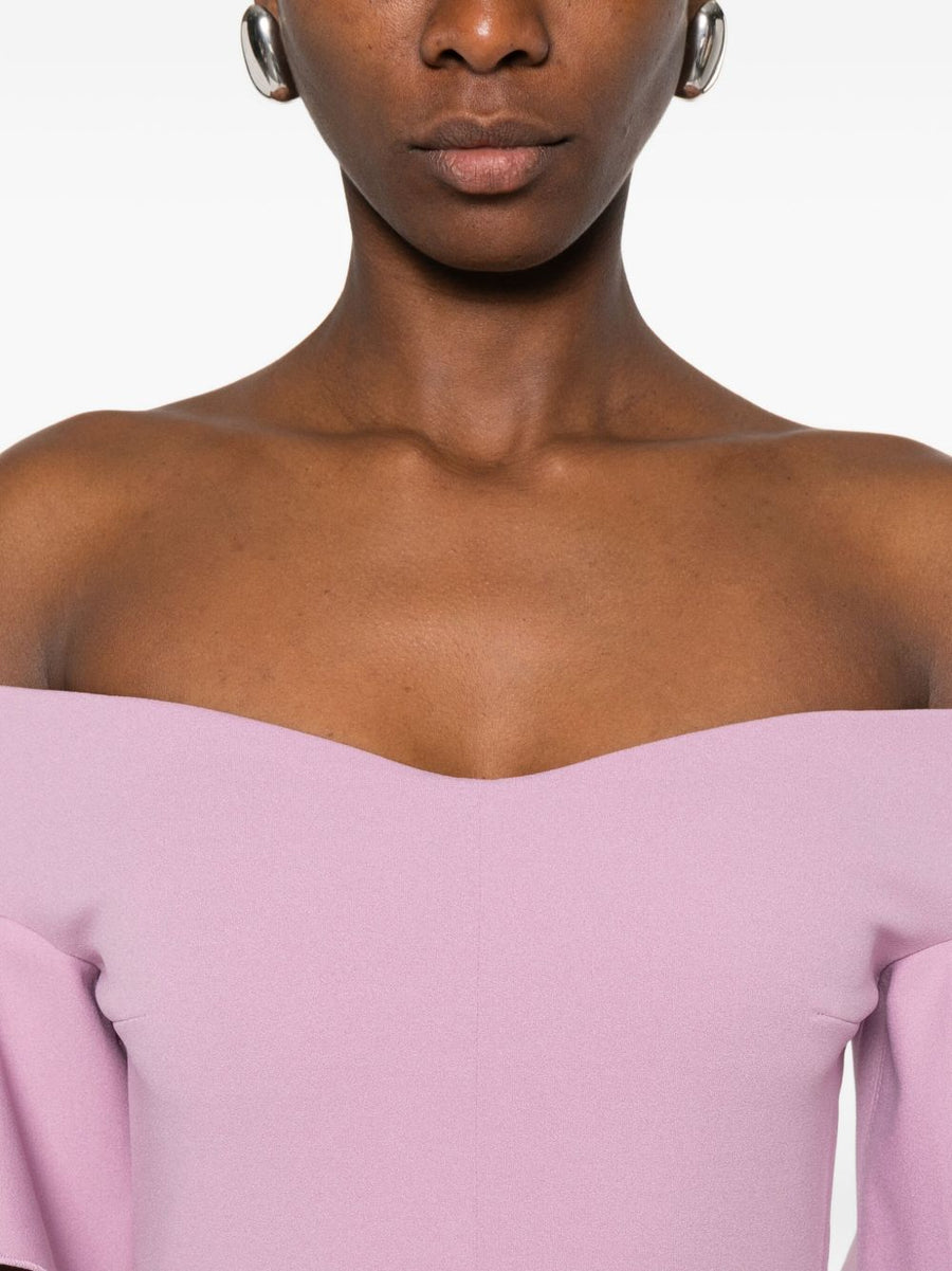 Solace London Cielo Maxi Dress Off Shoulder Blush Pink With Airy Ruffle Sleeves For Women Luxurious Elegant