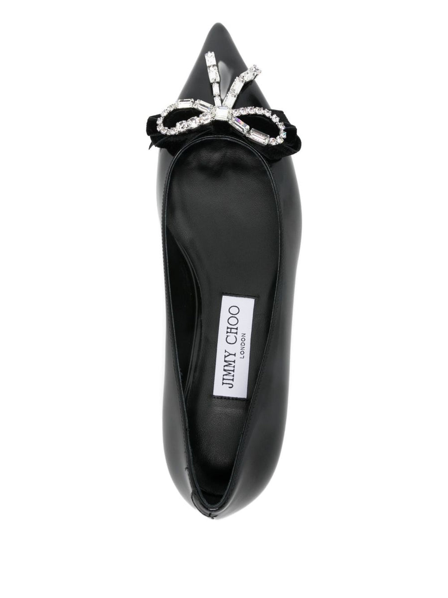 Jimmy Choo Auria Ballet Flats for Women Luxurious Black Leather Crystal Bow Pointed Toe 3cm Heel