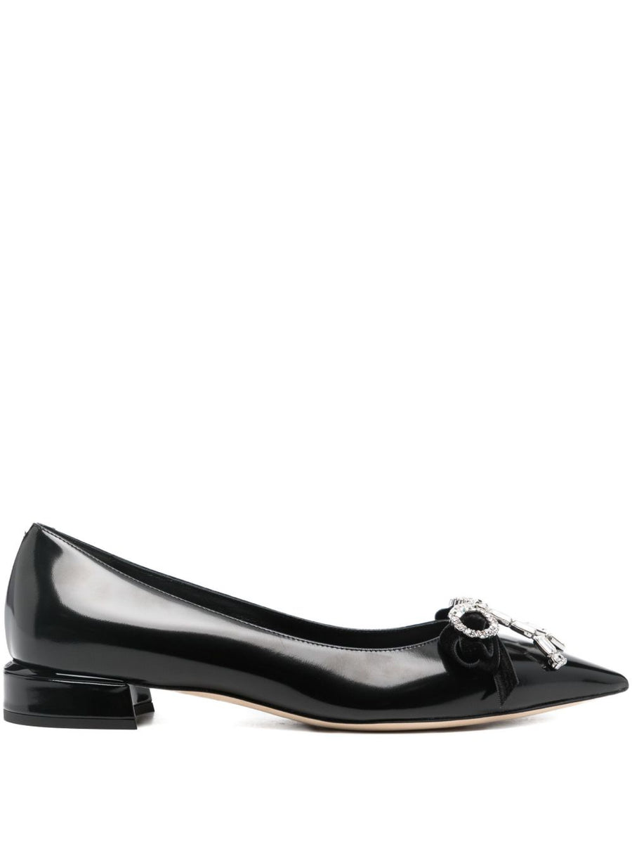 Jimmy Choo Auria Ballet Flats for Women Luxurious Black Leather Crystal Bow Pointed Toe 3cm Heel