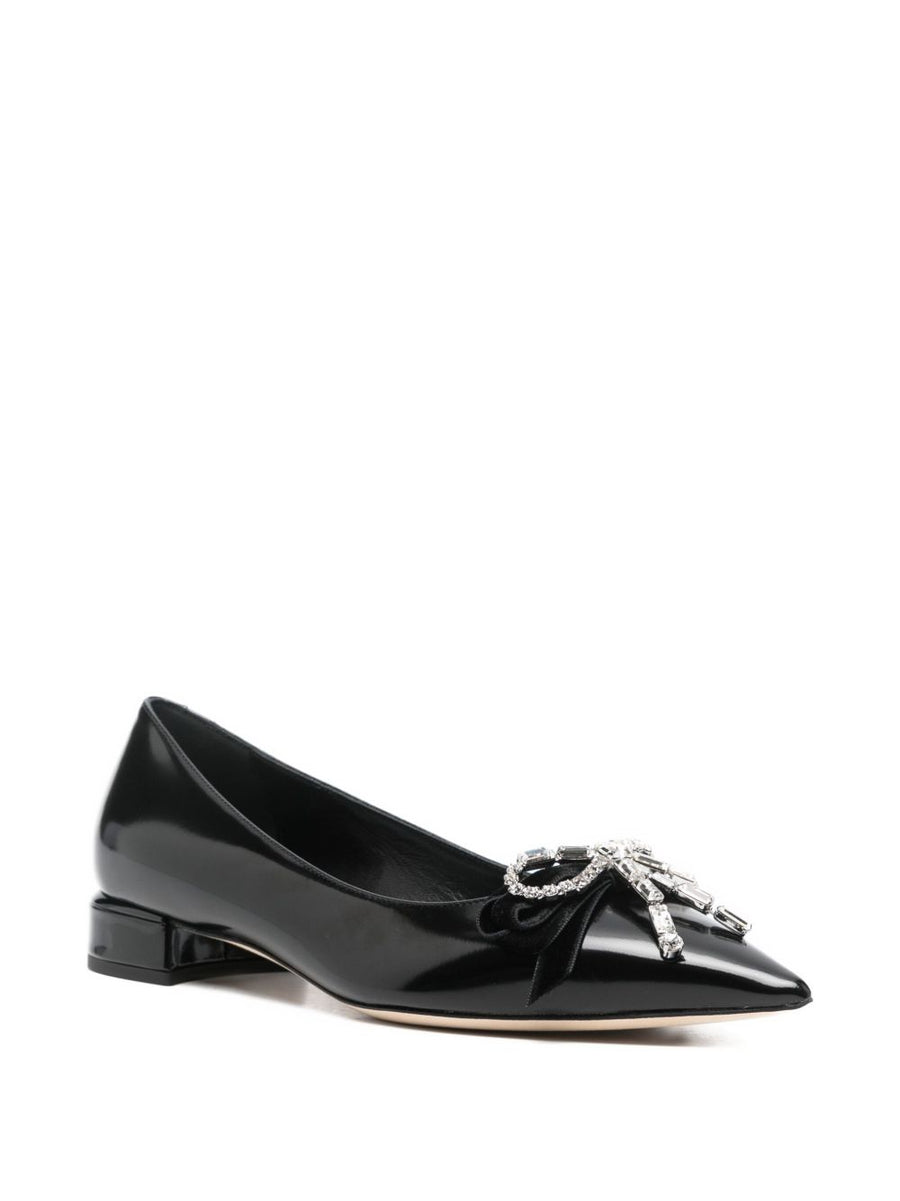 Jimmy Choo Auria Ballet Flats for Women Luxurious Black Leather Crystal Bow Pointed Toe 3cm Heel