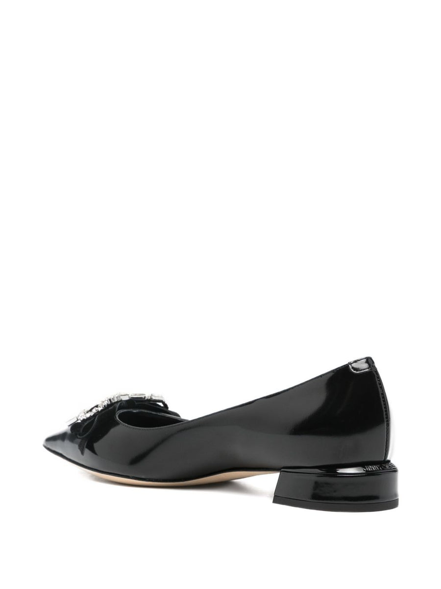 Jimmy Choo Auria Ballet Flats for Women Luxurious Black Leather Crystal Bow Pointed Toe 3cm Heel