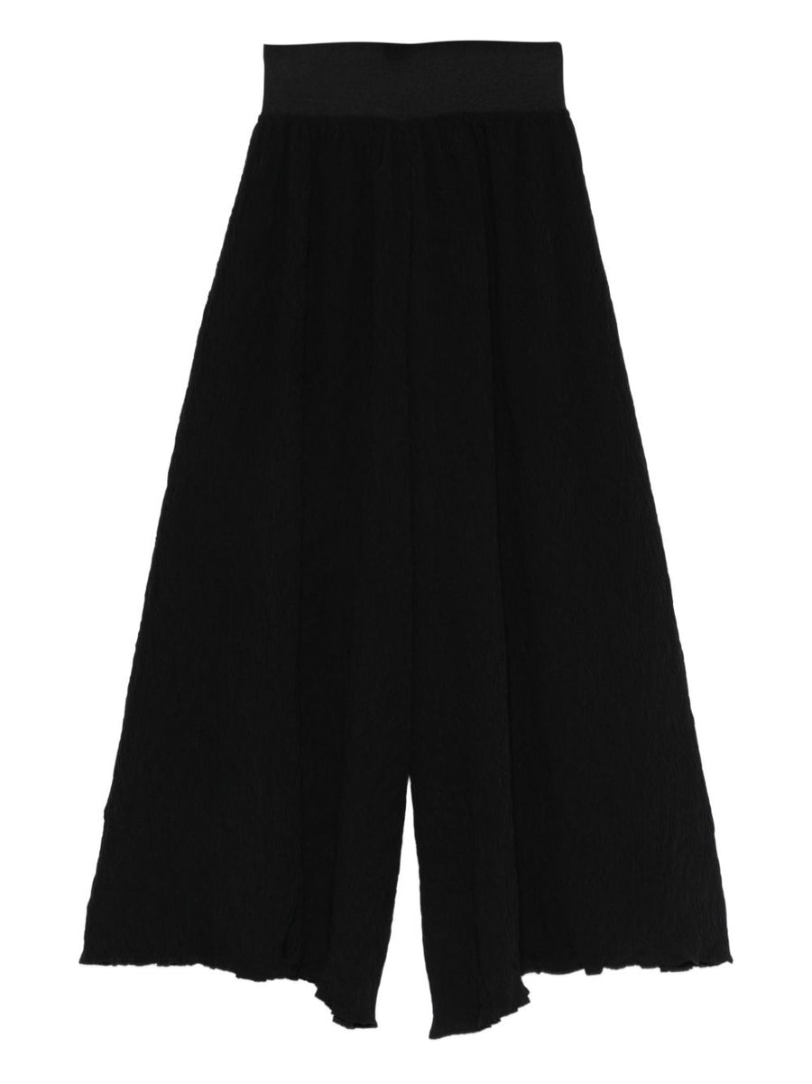 Bunzaburo Wide Leg Trousers For Women Elastic Waistband Textured Black Raw Hem Everyday Comfort