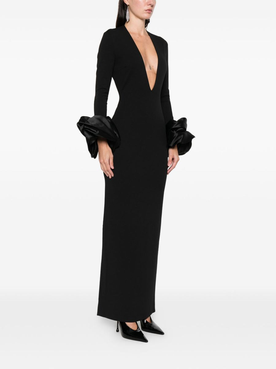 Solace London Valerie Maxi Dress For Women Elegant V Neck Eveningwear With Ruched Cuff Sleeves