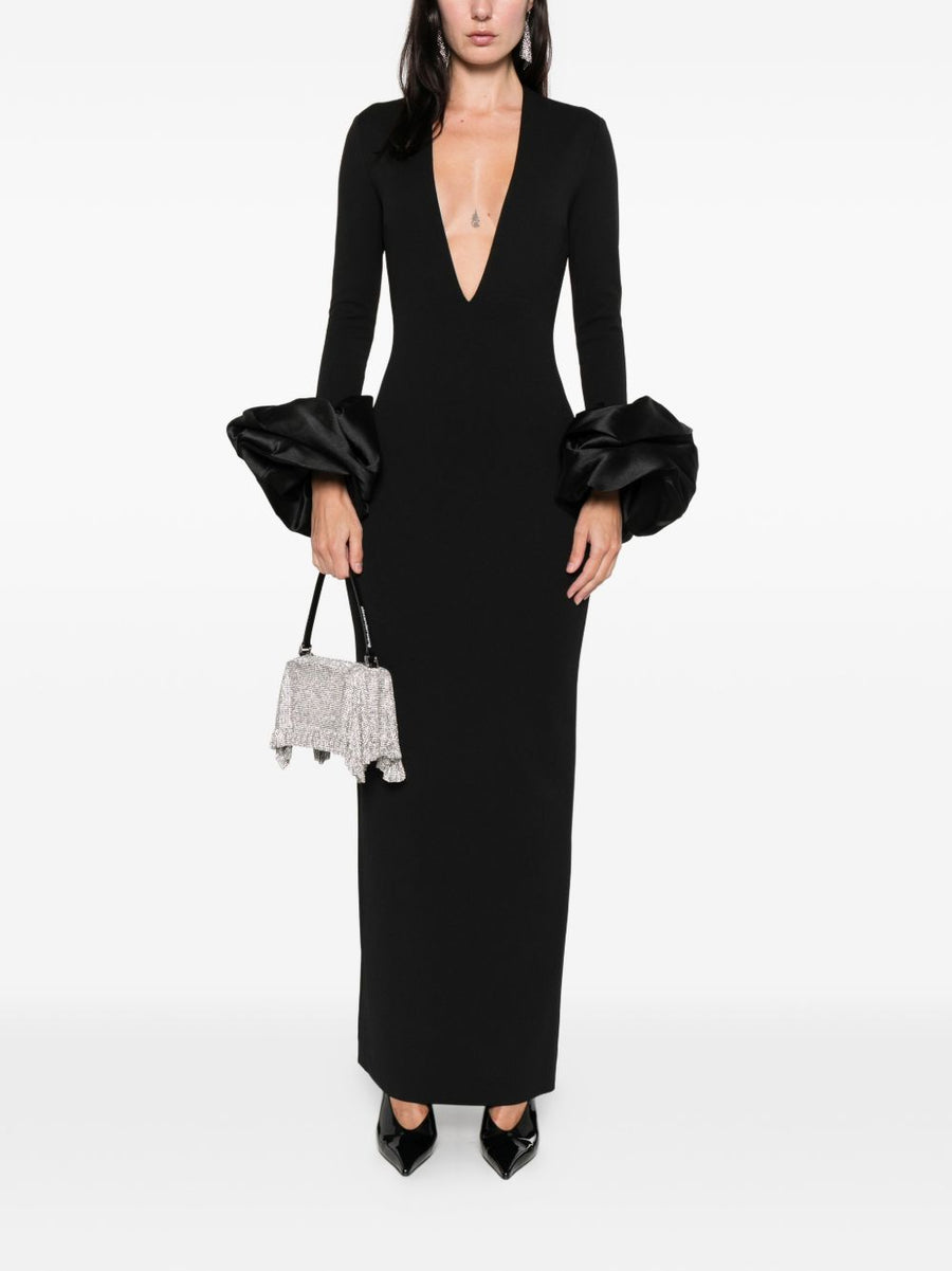 Solace London Valerie Maxi Dress For Women Elegant V Neck Eveningwear With Ruched Cuff Sleeves