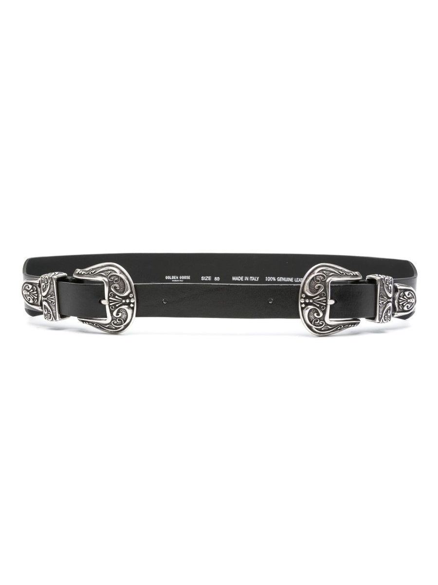 Golden Goose Black Washed Leather Belt With Double Silver Buckle For Women Versatile Everyday Dress Accessory