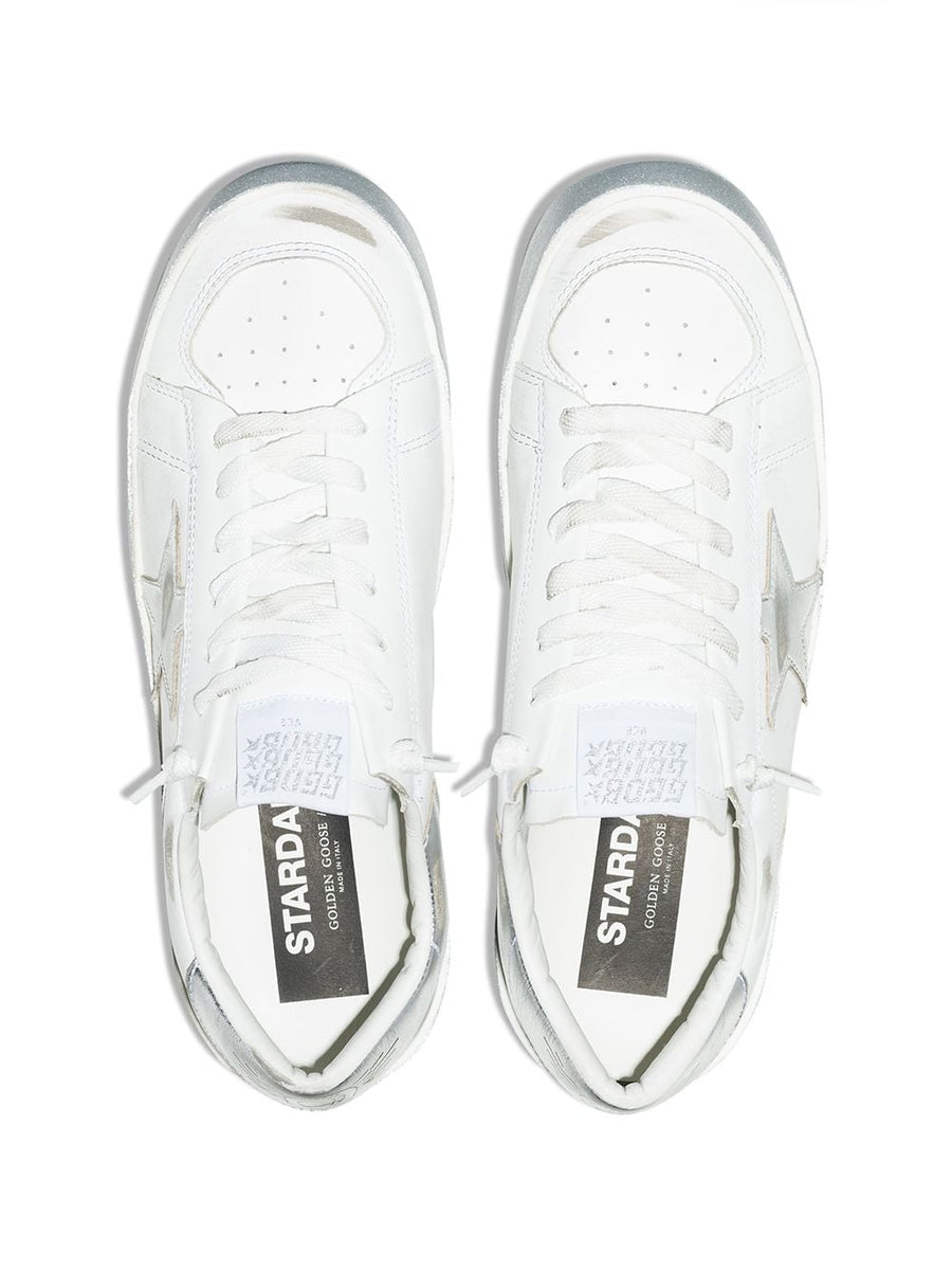 Golden Goose Stardan Sneakers for Women with Silver Metallic Finish Distressed Star Patch Designer Style