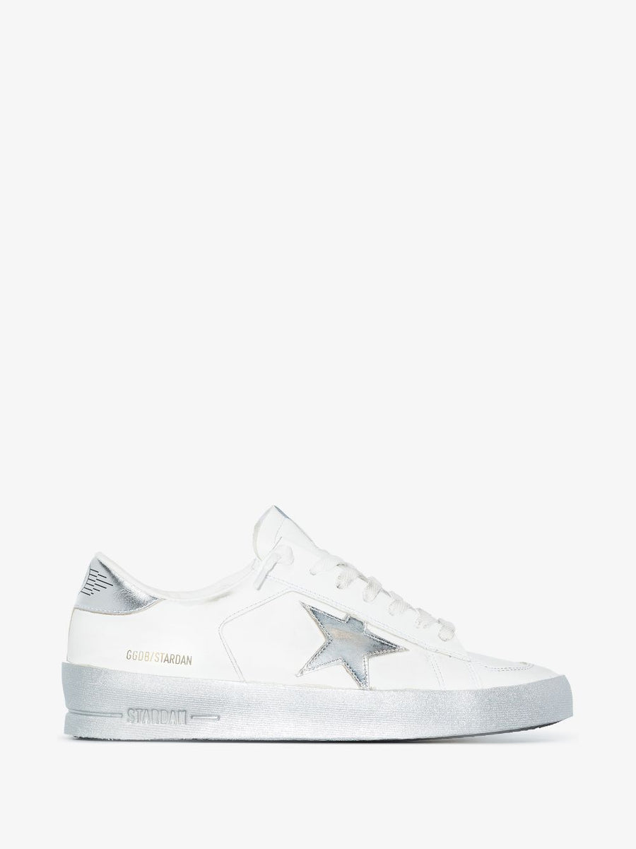 Golden Goose Stardan Sneakers for Women with Silver Metallic Finish Distressed Star Patch Designer Style