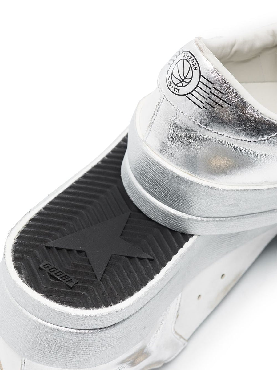 Golden Goose Stardan Sneakers for Women with Silver Metallic Finish Distressed Star Patch Designer Style