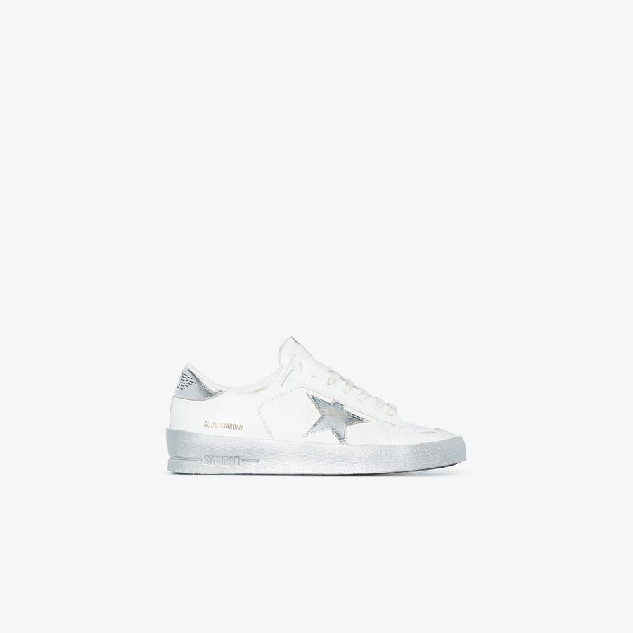 Golden Goose Stardan Sneakers for Women with Silver Metallic Finish Distressed Star Patch Designer Style