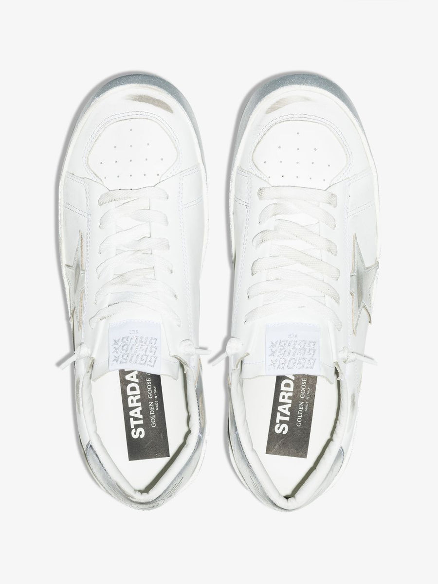 Golden Goose Stardan Sneakers for Women with Silver Metallic Finish Distressed Star Patch Designer Style