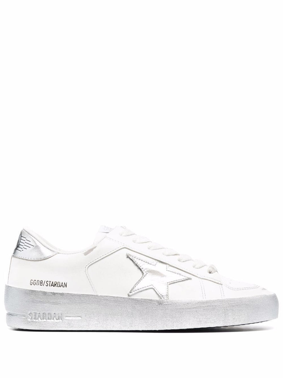 Golden Goose Stardan Sneakers for Women with Silver Metallic Finish Distressed Star Patch Designer Style