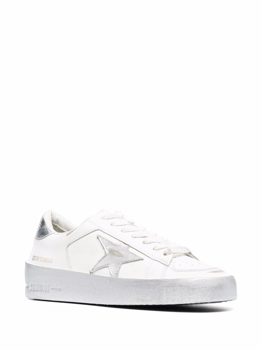 Golden Goose Stardan Sneakers for Women with Silver Metallic Finish Distressed Star Patch Designer Style