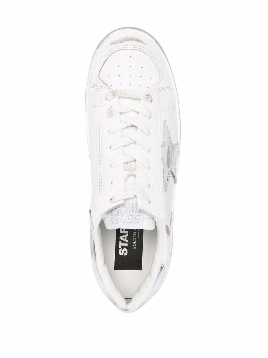 Golden Goose Stardan Sneakers for Women with Silver Metallic Finish Distressed Star Patch Designer Style