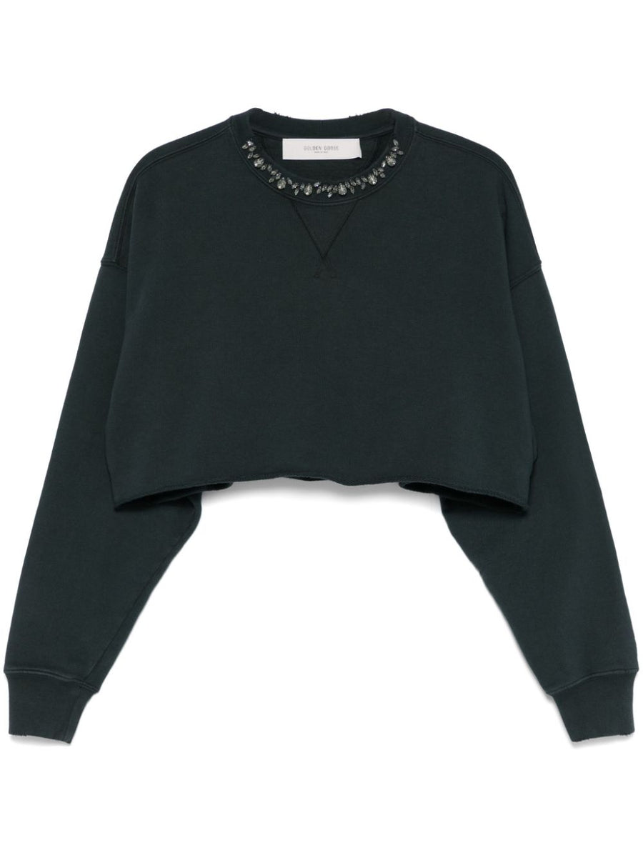 Golden Goose Women's Cotton Cropped Sweatshirt With Crystal Embellishment Black
