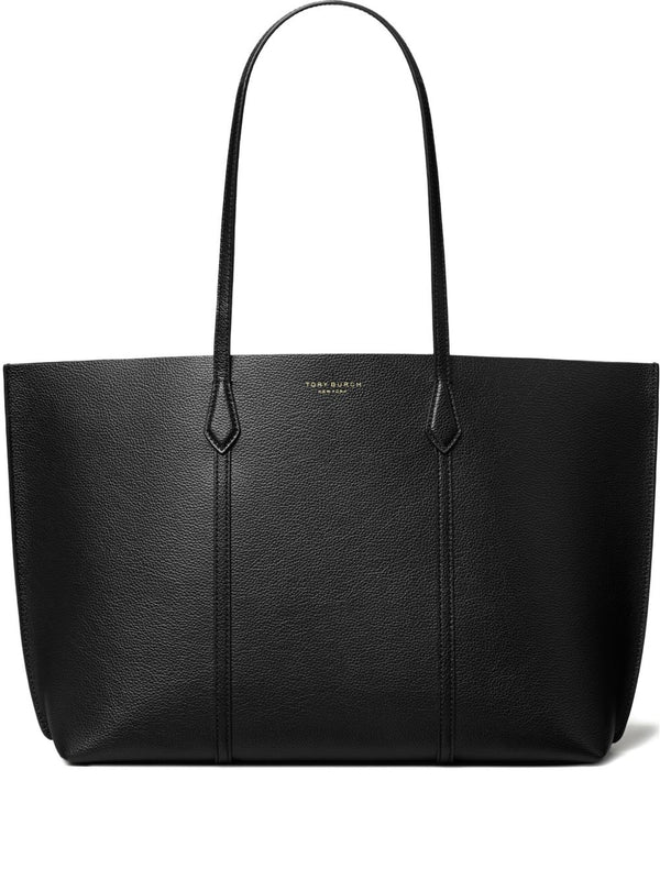 Black Tory Burch Perry Tote Leather Shopper Open Top Structured Embossed Logo Everyday Bag for Women