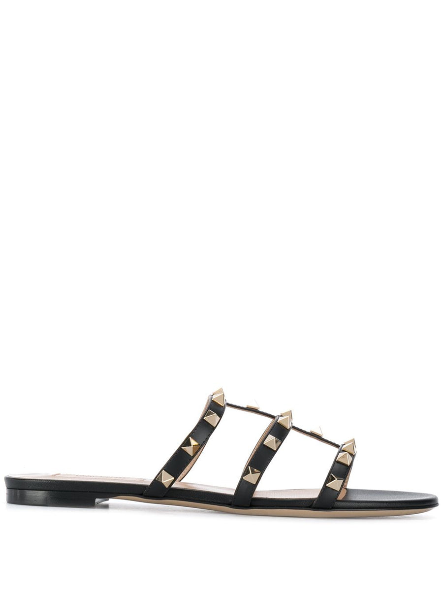 Valentino Garavani Rockstud Flat Slide Sandals Three Straps Calf Leather Open Toe For Women Urban Chic