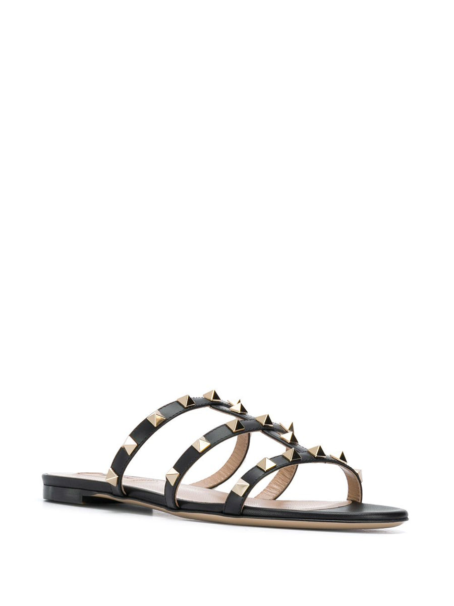 Valentino Garavani Rockstud Flat Slide Sandals Three Straps Calf Leather Open Toe For Women Urban Chic