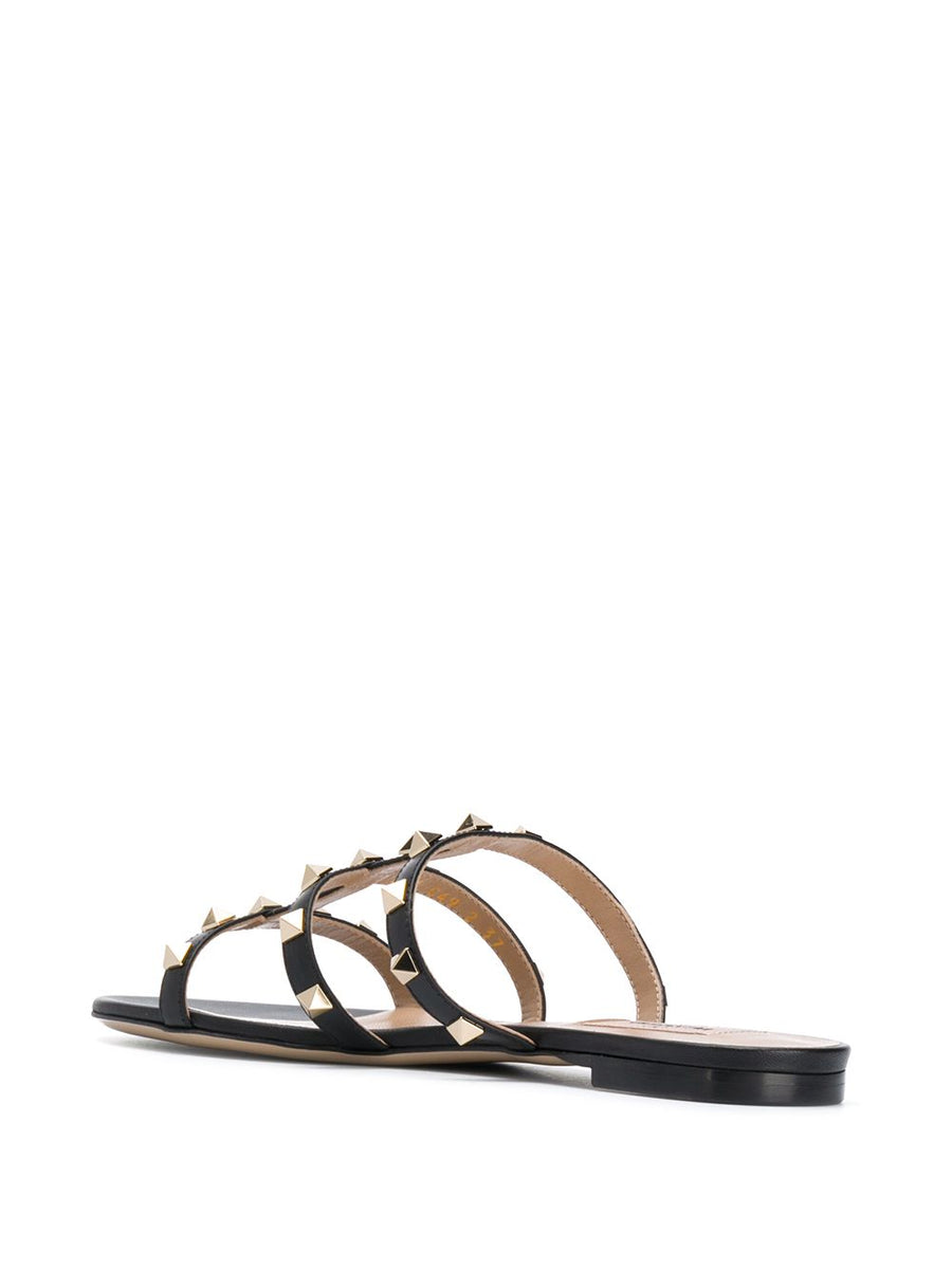 Valentino Garavani Rockstud Flat Slide Sandals Three Straps Calf Leather Open Toe For Women Urban Chic