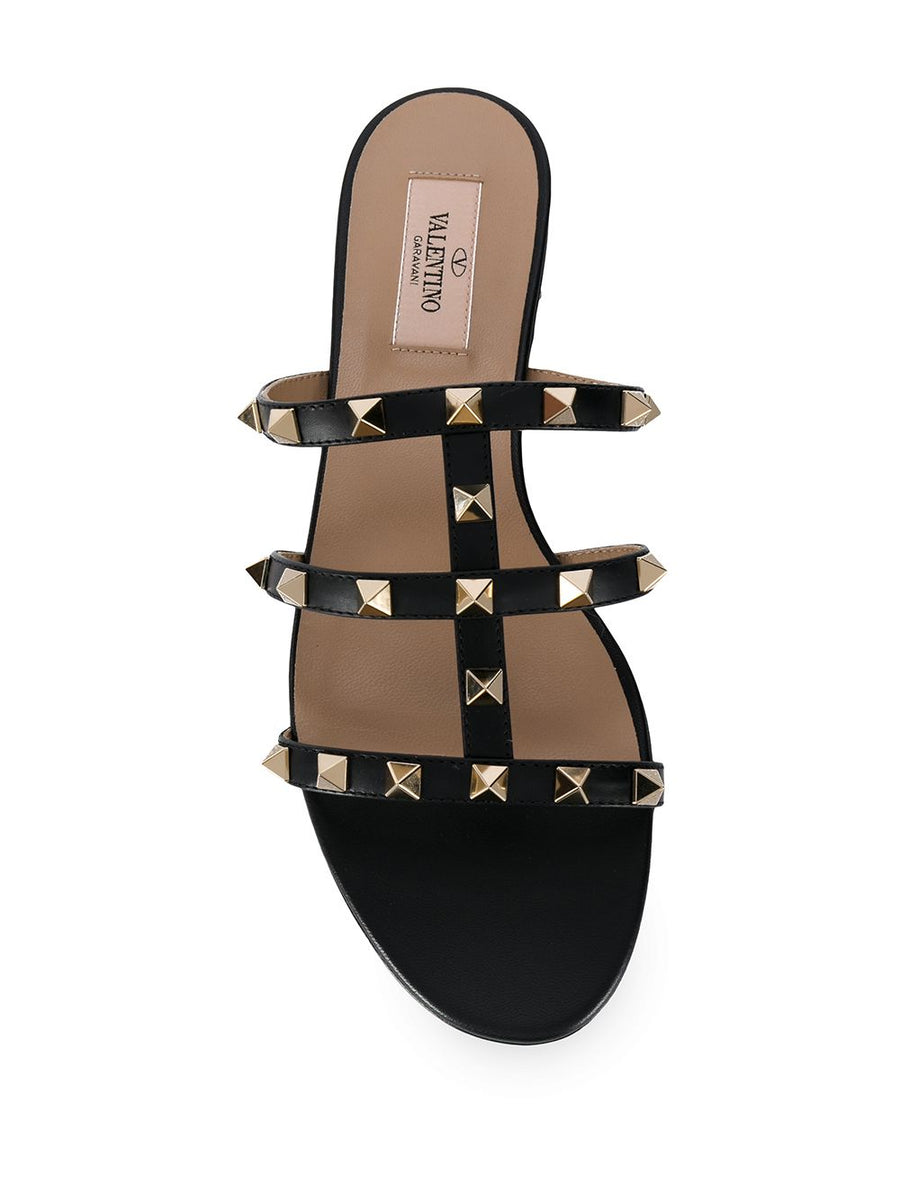 Valentino Garavani Rockstud Flat Slide Sandals Three Straps Calf Leather Open Toe For Women Urban Chic