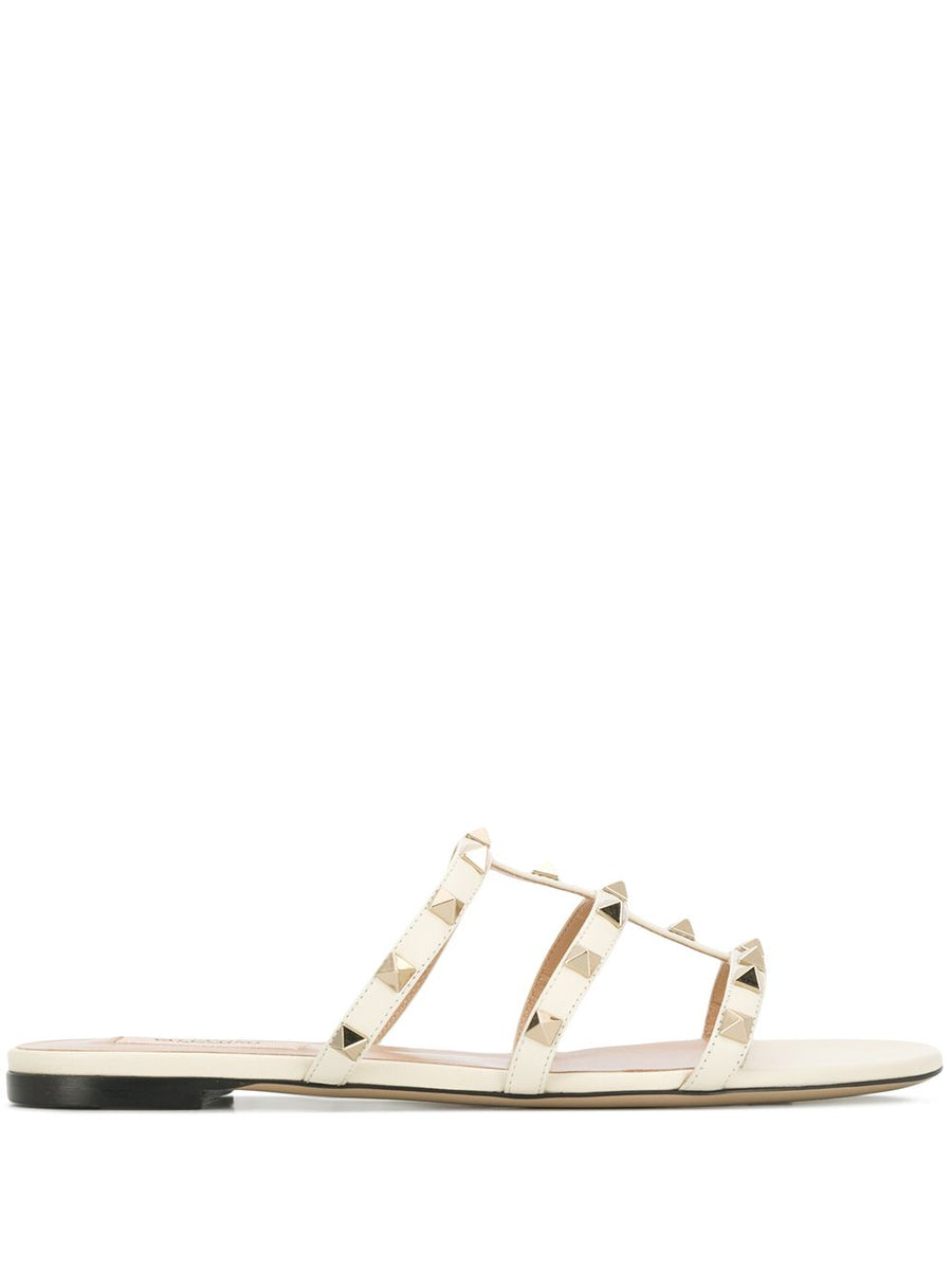 Valentino Garavani Rockstud Laminated Nappa Slide Sandal For Women Ivory Calf Leather Slip On Comfort