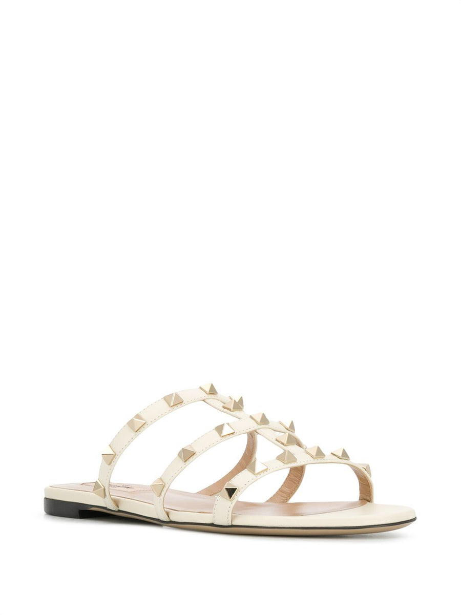 Valentino Garavani Rockstud Laminated Nappa Slide Sandal For Women Ivory Calf Leather Slip On Comfort