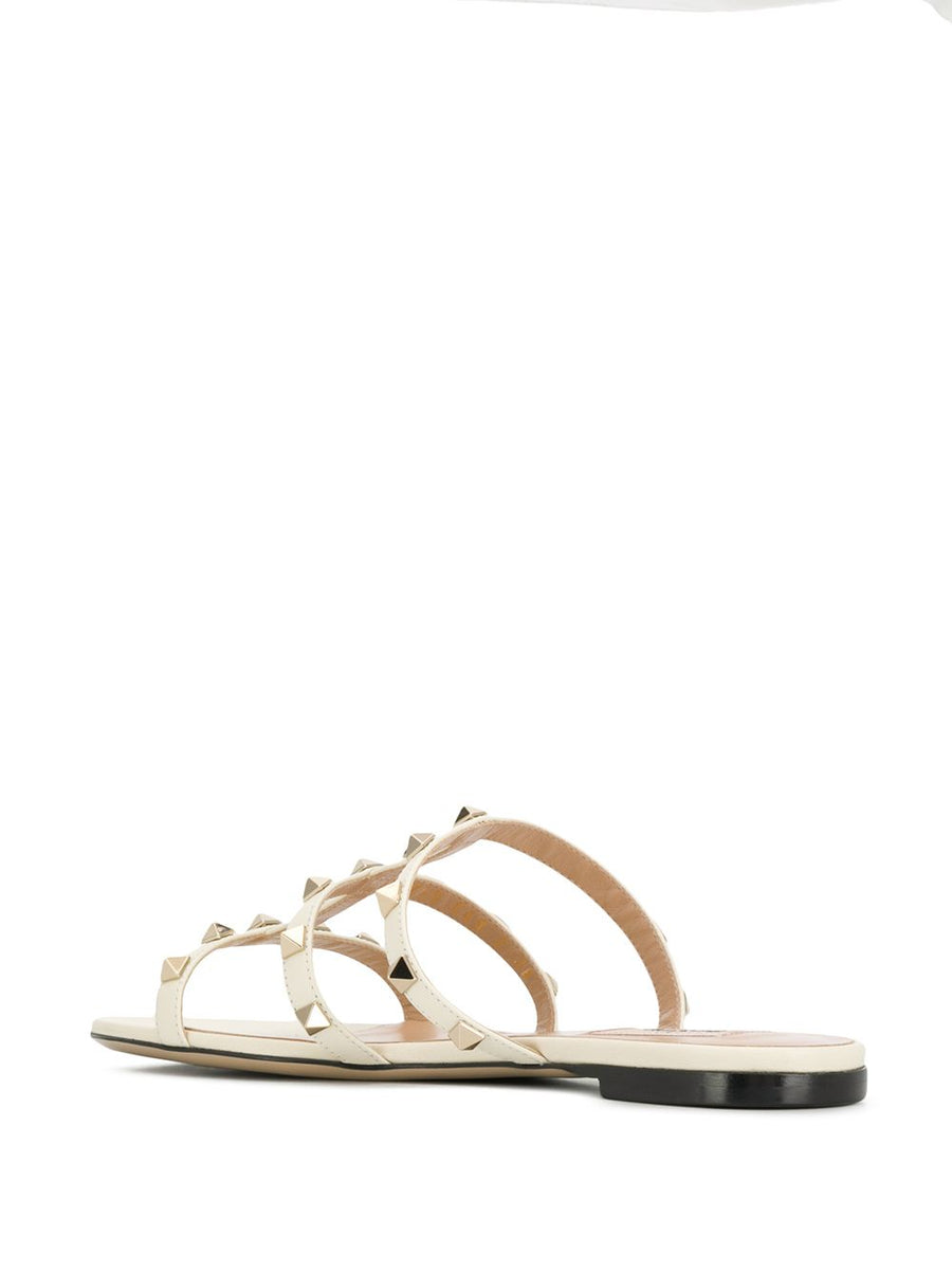 Valentino Garavani Rockstud Laminated Nappa Slide Sandal For Women Ivory Calf Leather Slip On Comfort