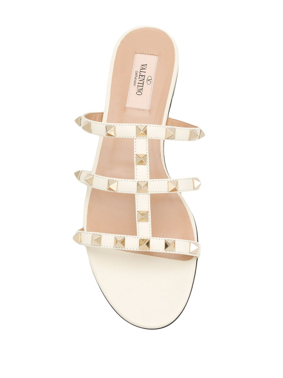 Valentino Garavani Rockstud Laminated Nappa Slide Sandal For Women Ivory Calf Leather Slip On Comfort