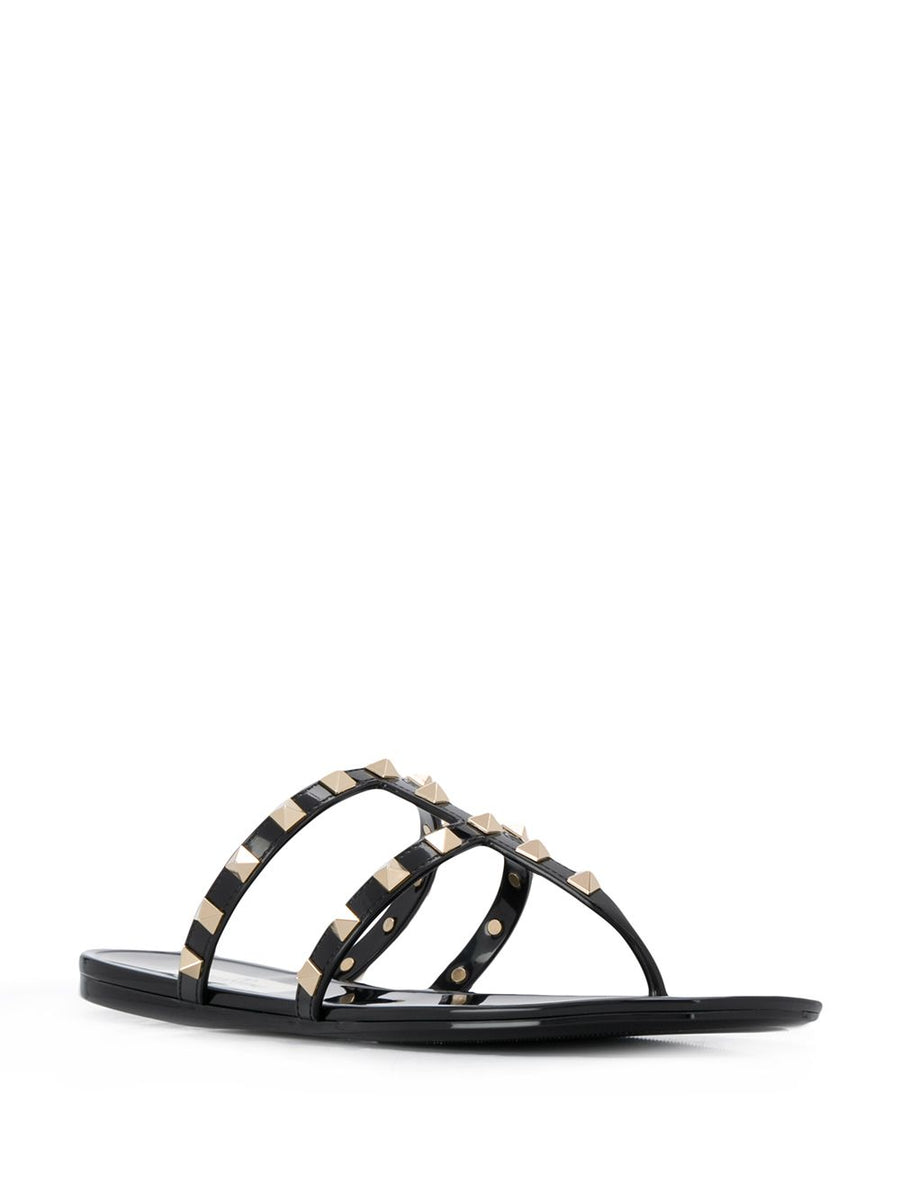Valentino Garavani Rockstud Thong Sandals Black Gold Tone Studs
