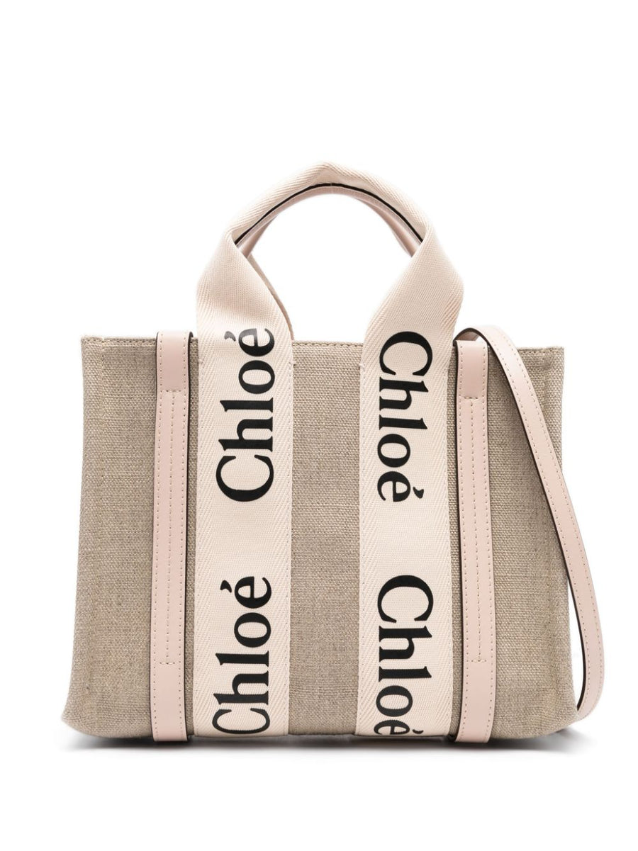 Chloé Woody Small Linen Tote Bag For Women With Leather Trim Powder Beige Detachable Strap