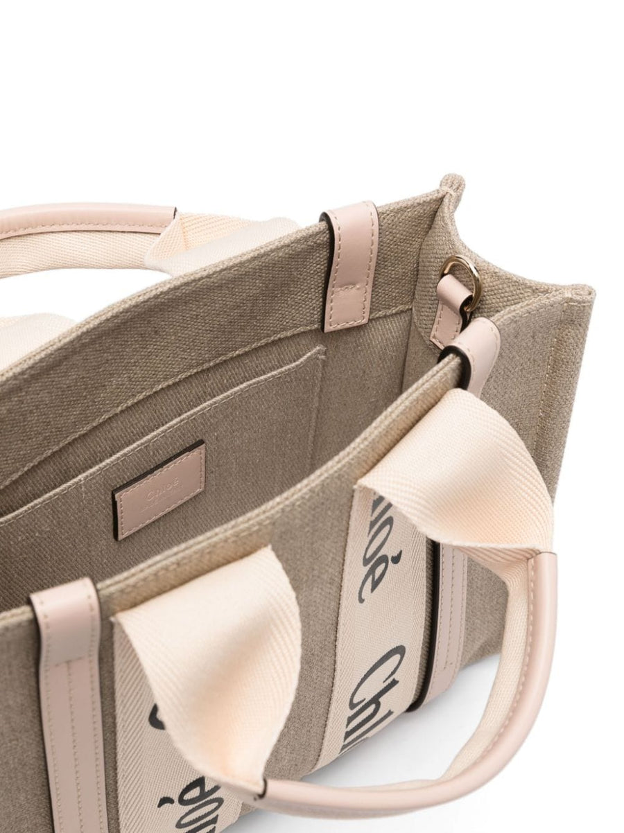 Chloé Woody Small Linen Tote Bag For Women With Leather Trim Powder Beige Detachable Strap