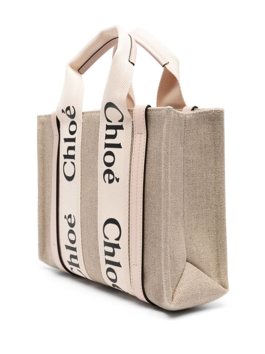 Chloé Woody Small Linen Tote Bag For Women With Leather Trim Powder Beige Detachable Strap