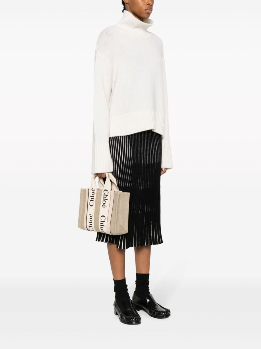 Chloé Woody Small Linen Tote Bag For Women With Leather Trim Powder Beige Detachable Strap