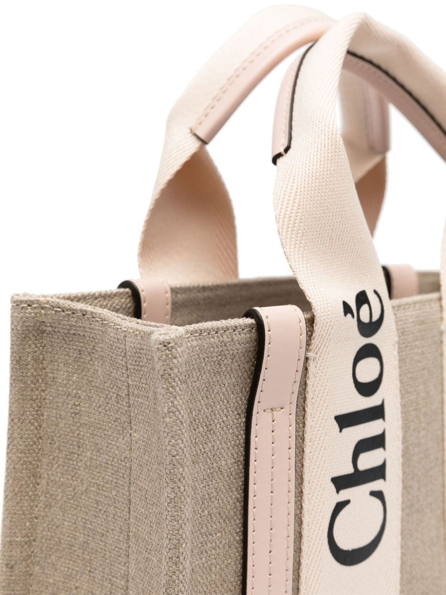 Chloé Woody Small Linen Tote Bag For Women With Leather Trim Powder Beige Detachable Strap