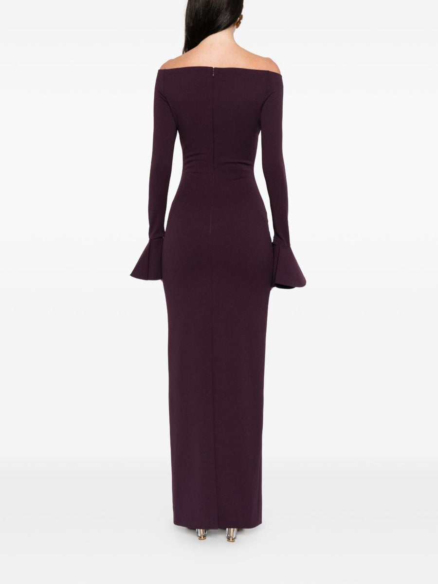 Solace London Anica Maxi Dress Violet Plum Off Shoulder Long Sleeve With Back Zip Luxe Women's Evening Wear