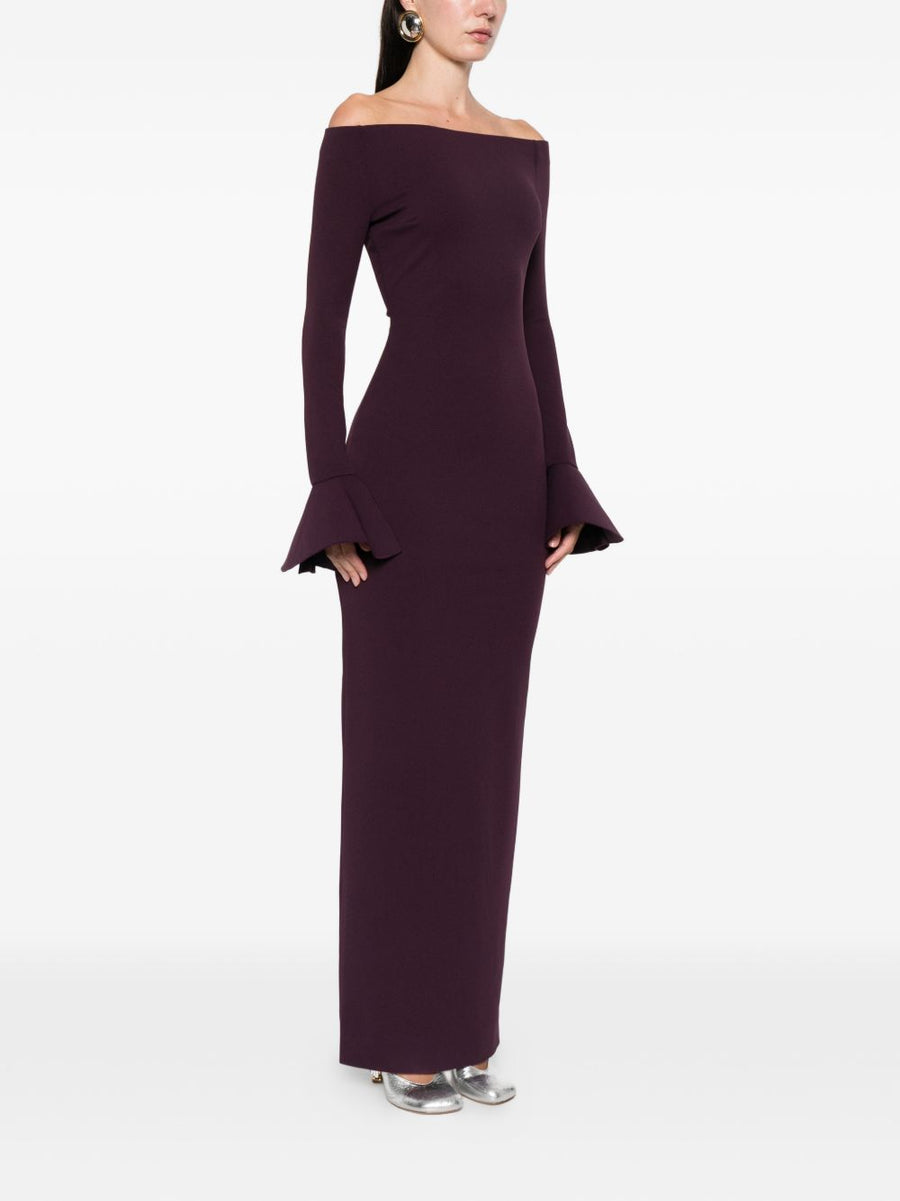 Solace London Anica Maxi Dress Violet Plum Off Shoulder Long Sleeve With Back Zip Luxe Women's Evening Wear