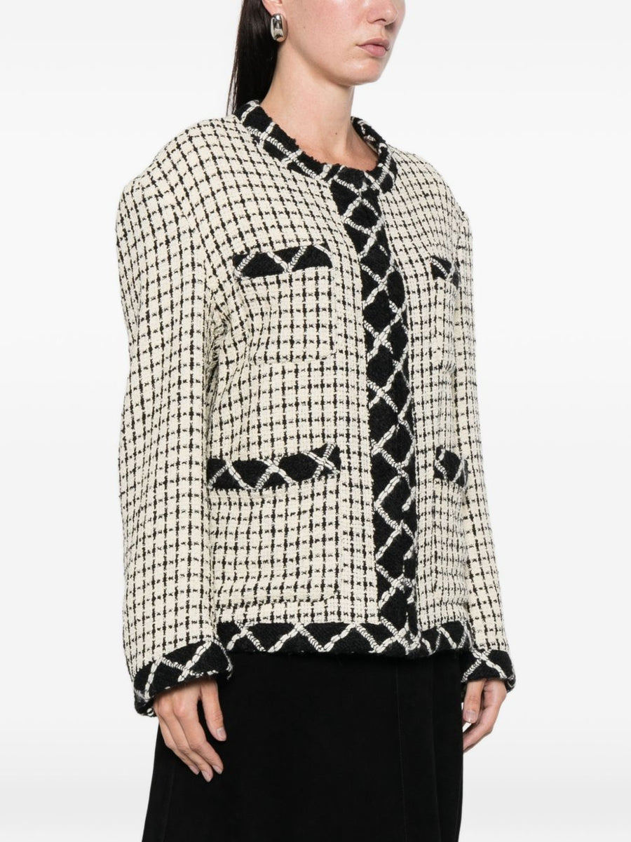 LN22 Wool Jacket For Women Versatile Fall Winter Outerwear With Front Pockets Black Check Polished Silhouette